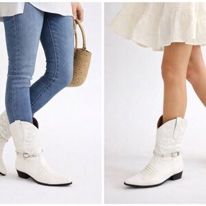 White Western Cowboy Boots Leather Pointed Toe Buckle Strap Cowgirl Boho. Chic
